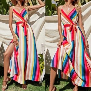 Boho split hem belted cami maxi dress